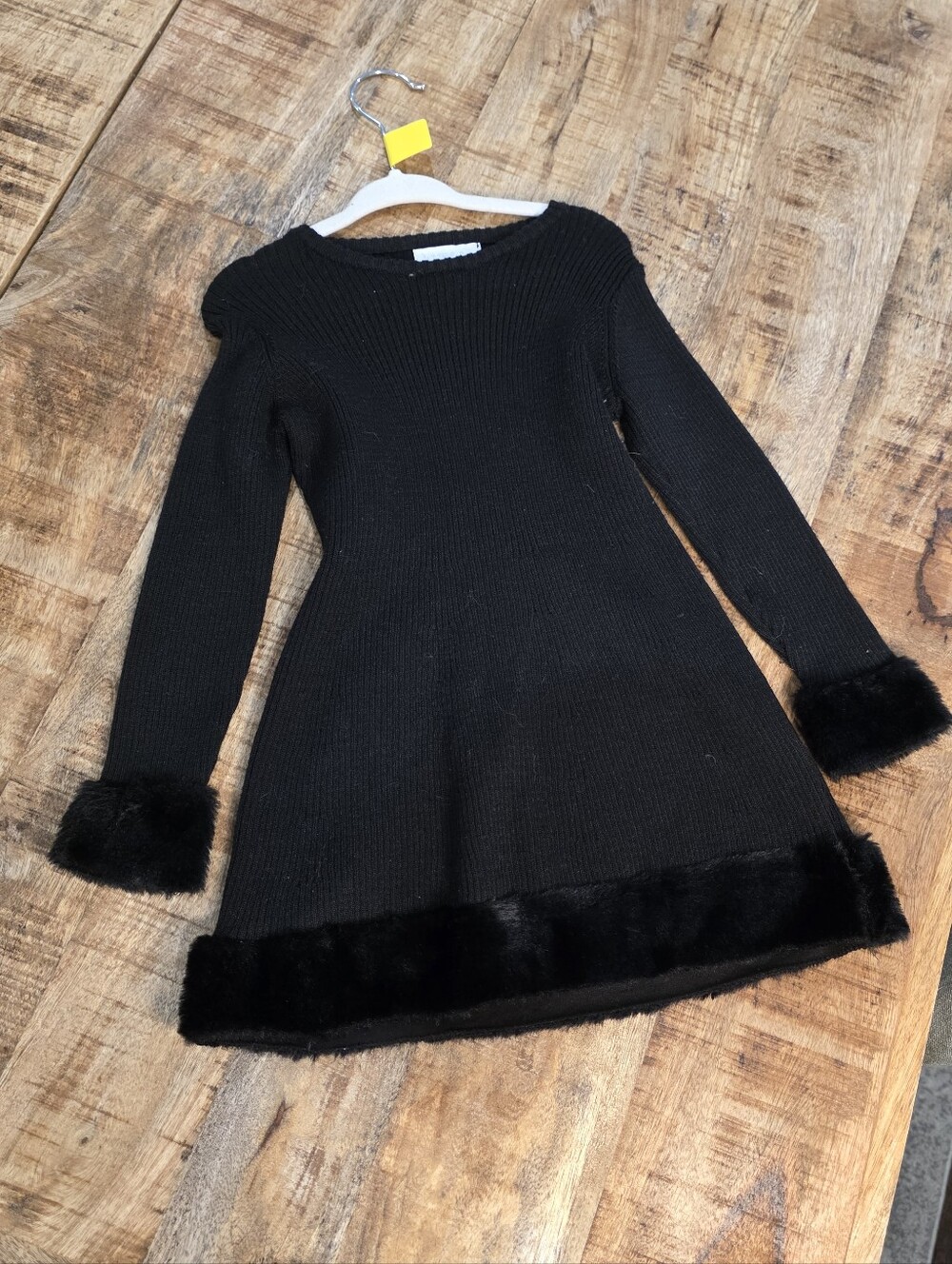 Kids Black Knit Dress with Faux Fur Trim